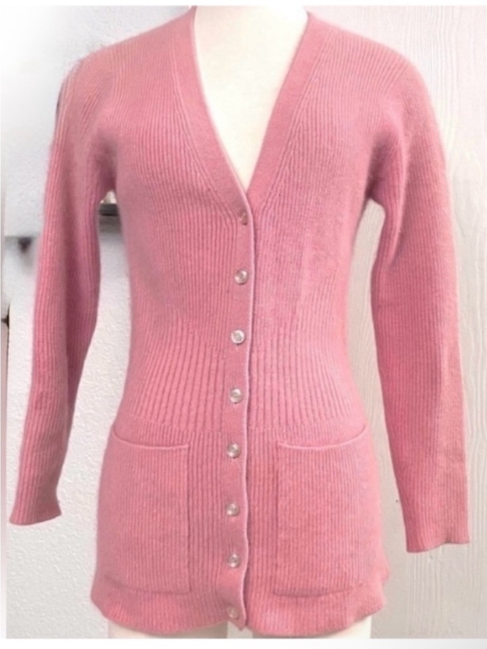 Vintage Rosanna Pink Angora Lambswool Blend Classic Button-Front Cardigan Sz 38